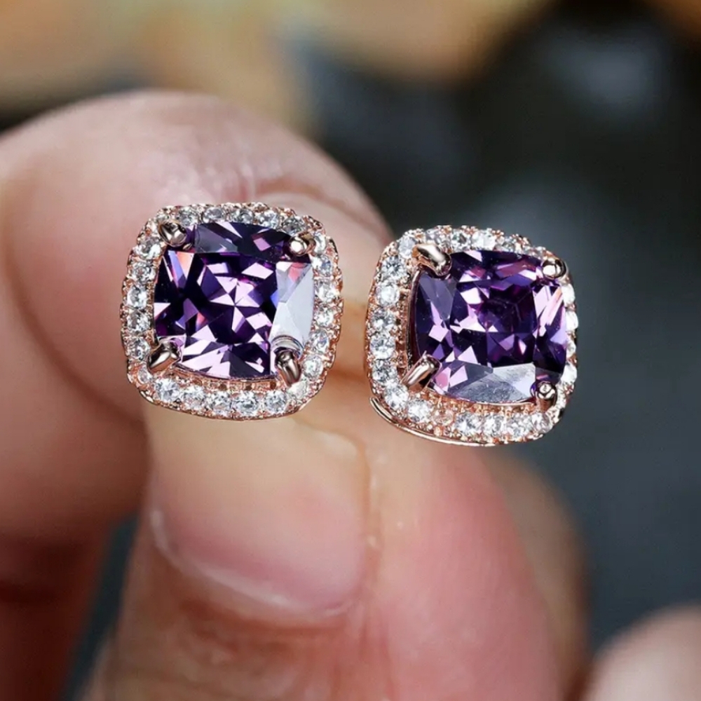Purple Amethyst Halo Earrings - Picture 4 of 8